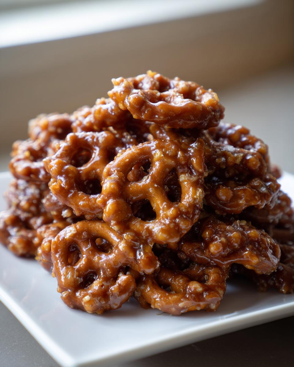 A close-up stack of homemade toffee pretzels coated in a shiny, rich caramel glaze.