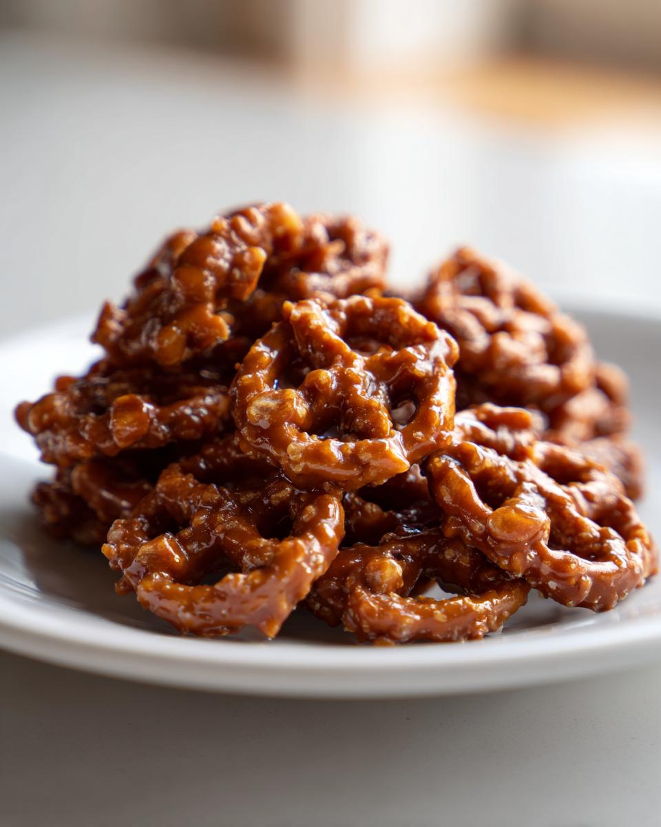 Close-up of a pile of shiny, caramel-coated toffee pretzels stacked on a white plate.