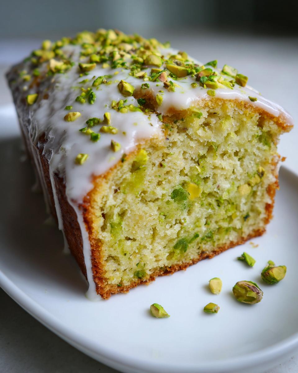 A close-up of a slice of moist pistachio bread topped with white glaze and chopped pistachios.