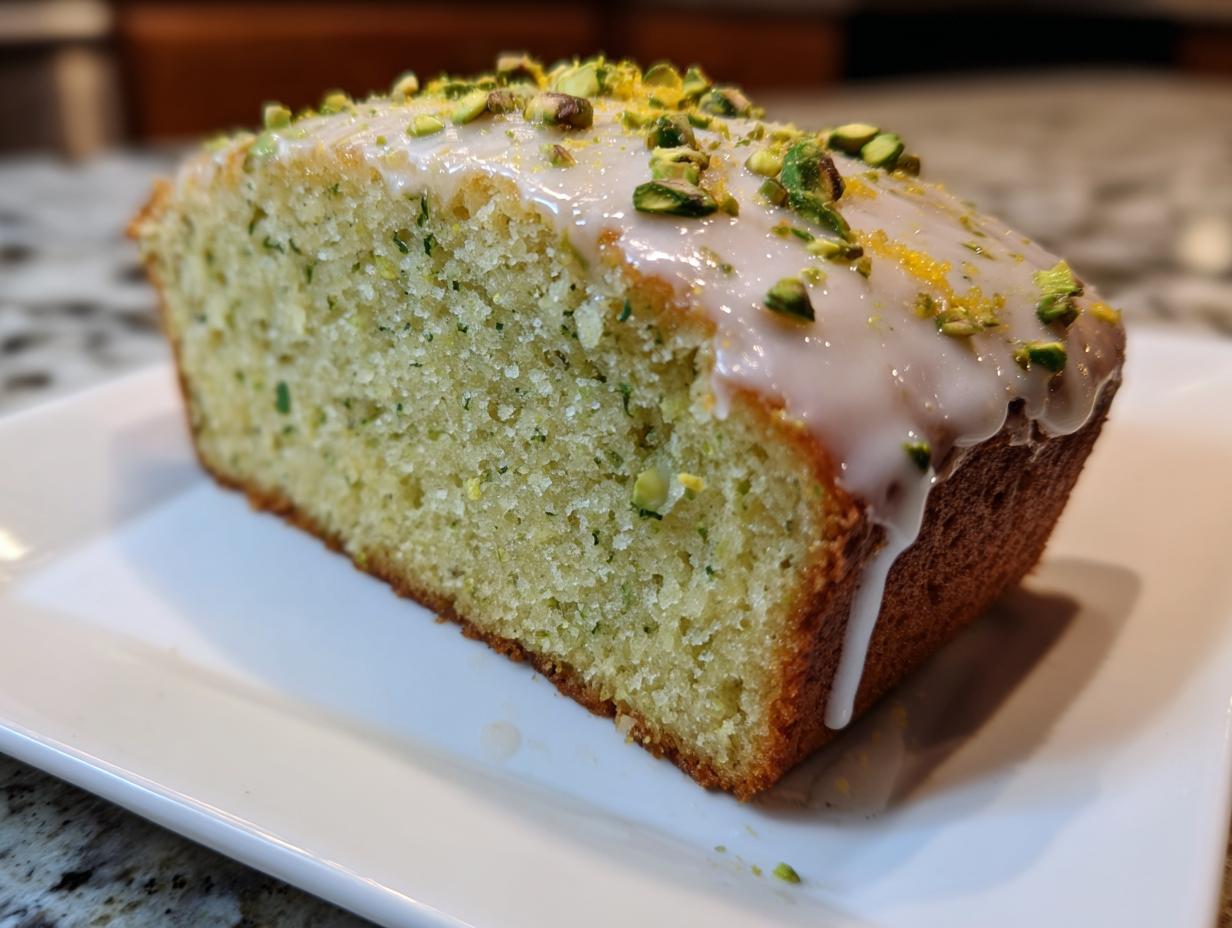 Close-up of a slice of moist pistachio bread topped with white glaze and chopped pistachios.
