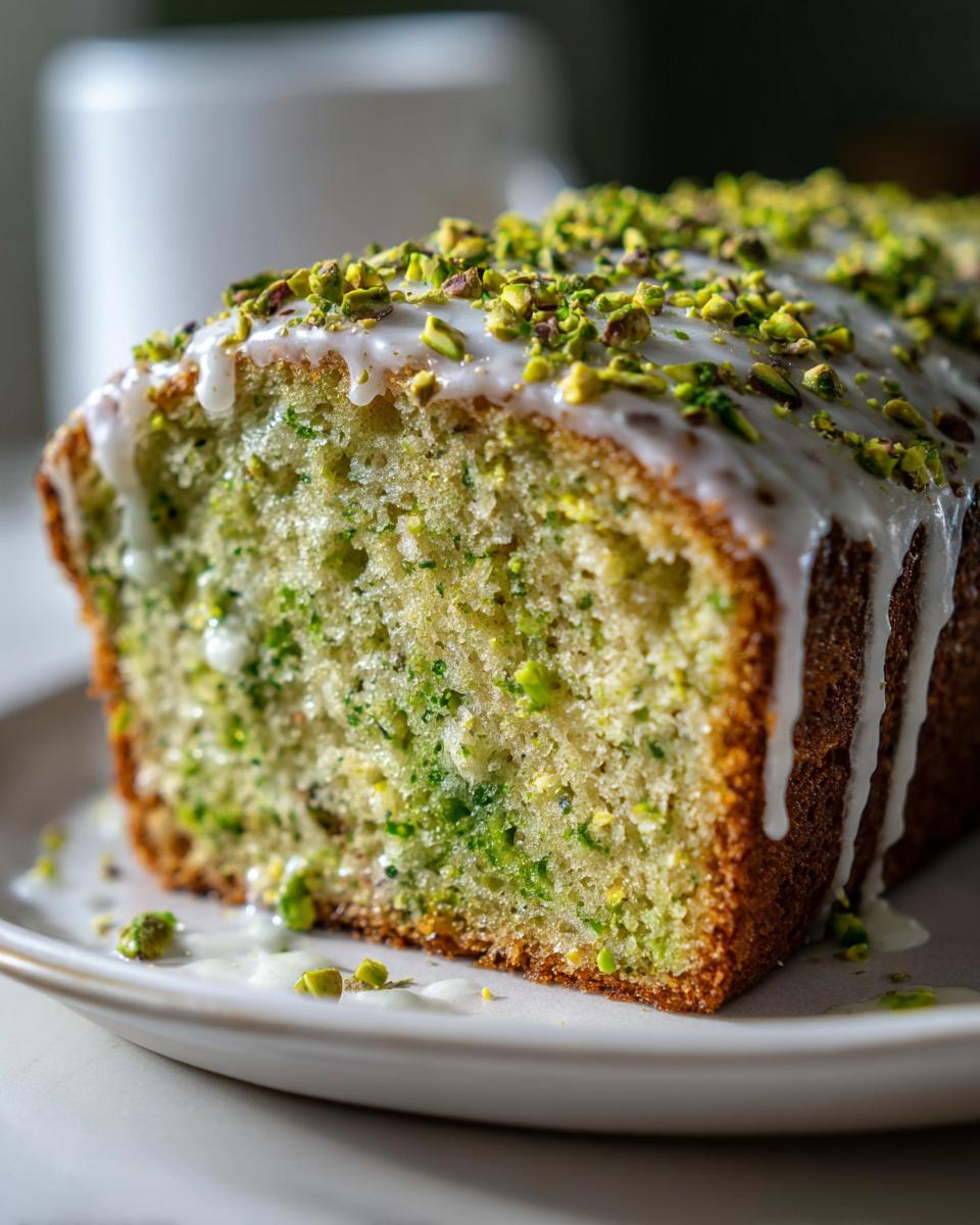 A close-up cross-section of moist pistachio bread drizzled with white icing and topped with chopped pistachios.
