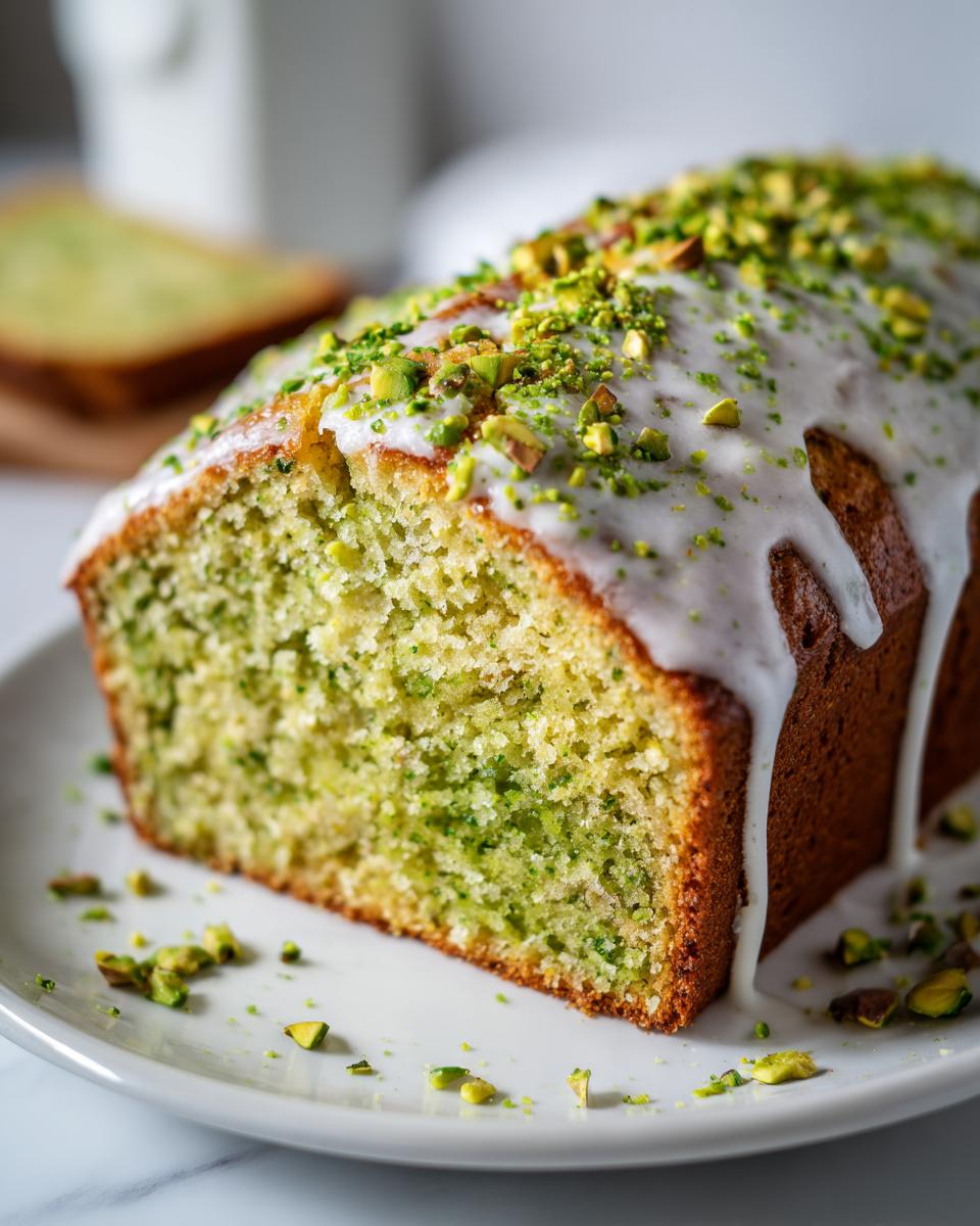A close-up view of a slice of vibrant green pistachio bread, drizzled with white icing and topped with chopped pistachios.