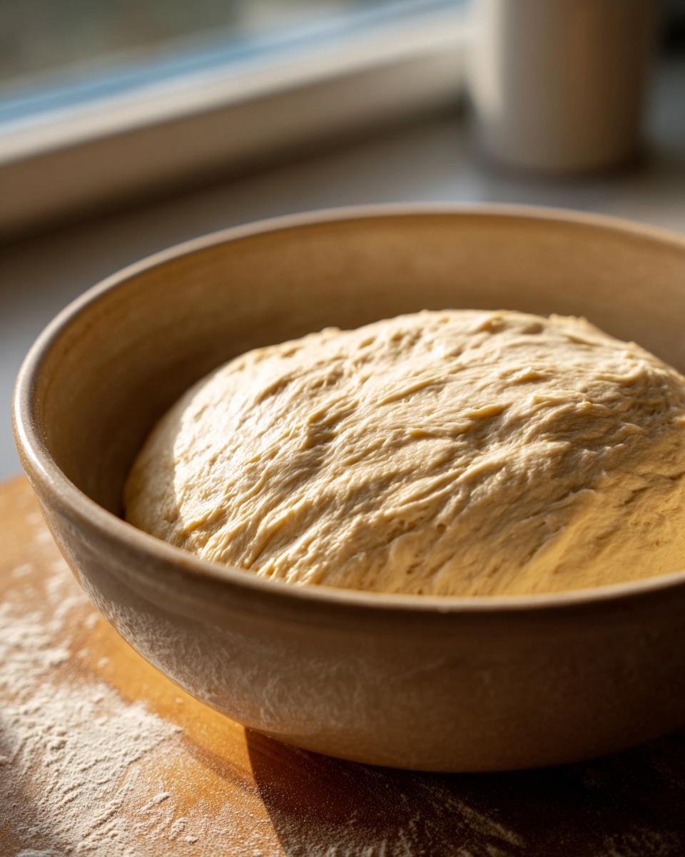 Close-up of freshly kneaded pizza dough recipe mixture rising in a light brown ceramic bowl.