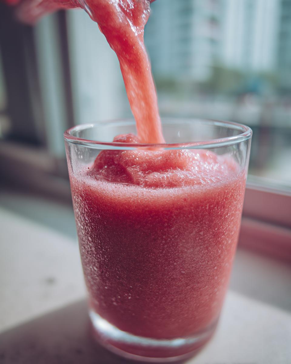 Close-up of a bright pink watermelon smoothie being poured into a chilled glass.