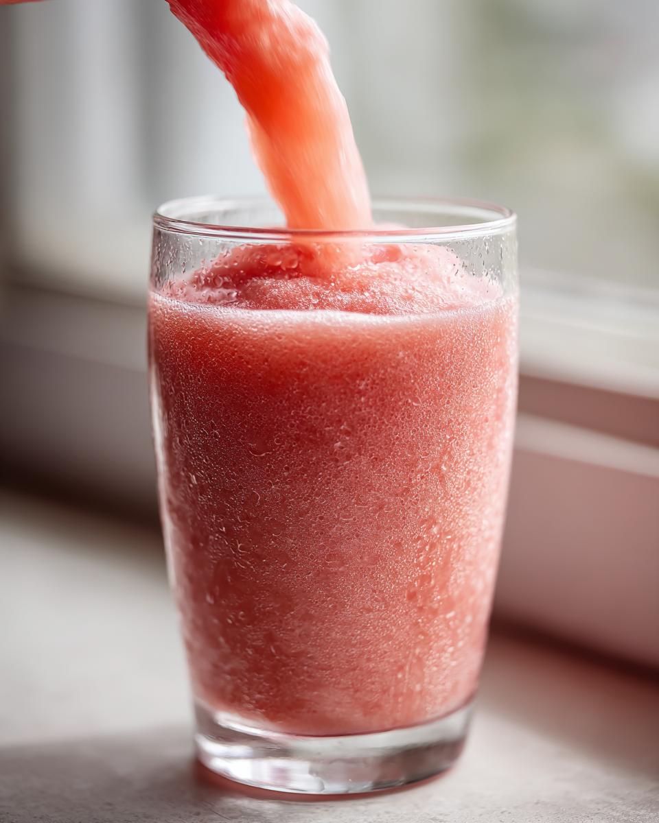 Close-up of a thick, icy watermelon smoothie being poured into a tall glass.