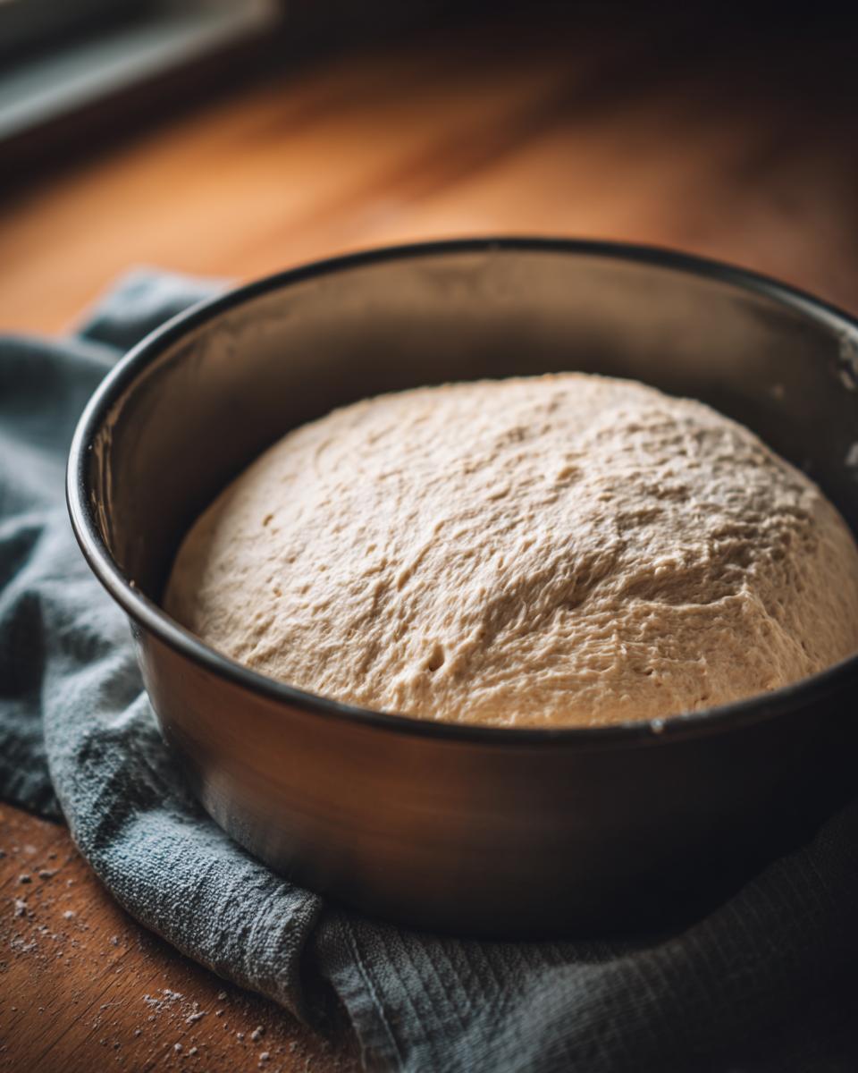 Close-up of risen pizza dough recipe resting in a dark metal bowl on a wooden surface.
