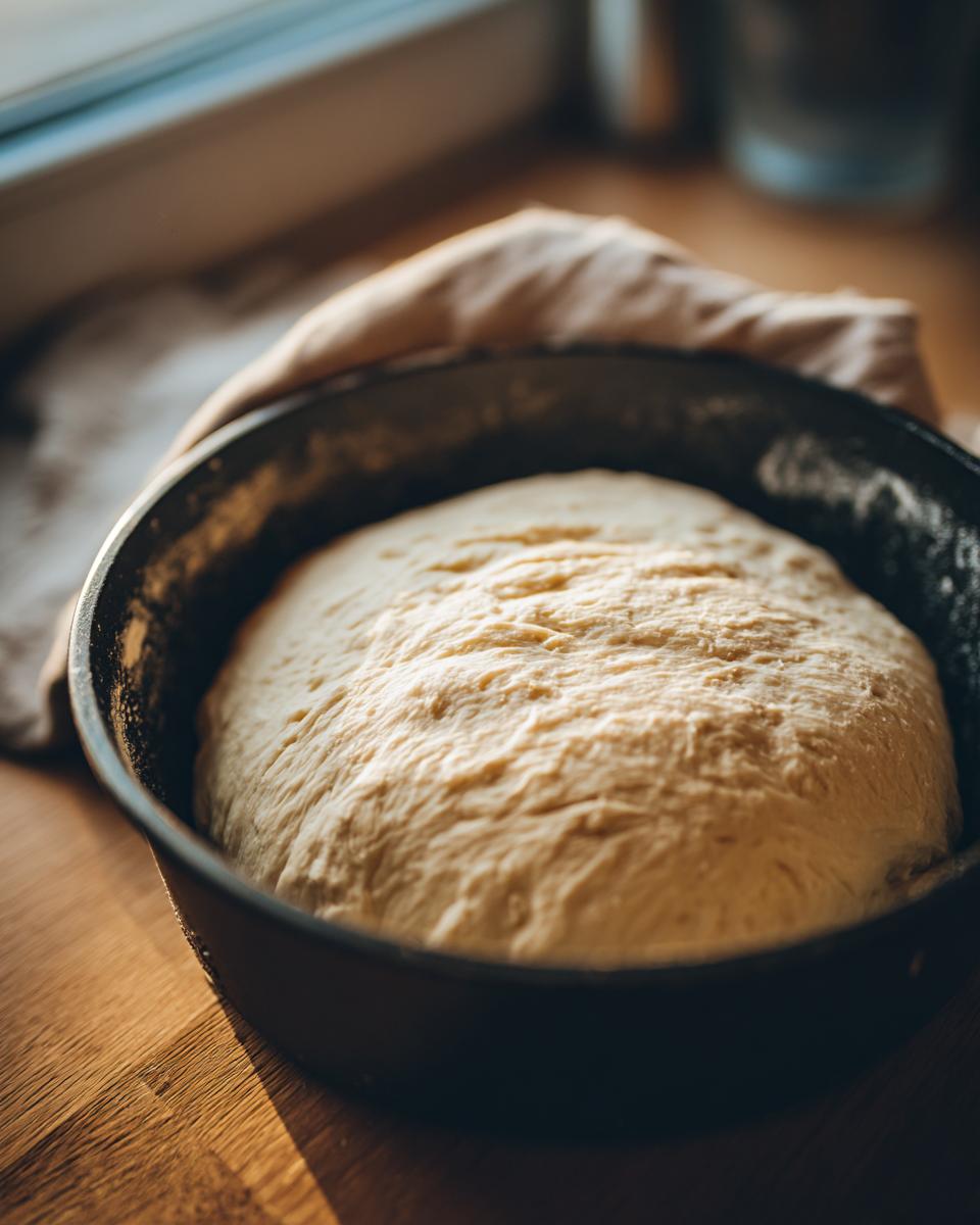 Close-up of risen pizza dough recipe proofing in a dark bowl on a wooden counter.