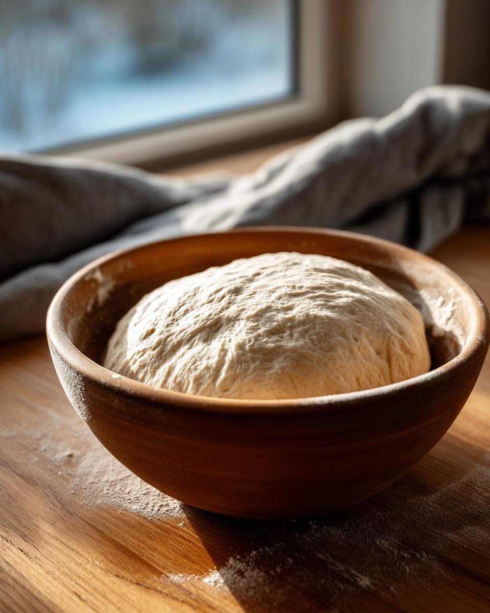 A ball of risen pizza dough recipe resting in a wooden bowl on a sunlit table.
