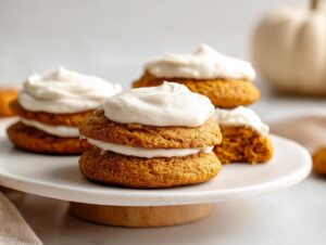Close-up of soft pumpkin cookie sandwiches filled and topped with thick cream cheese frosting.
