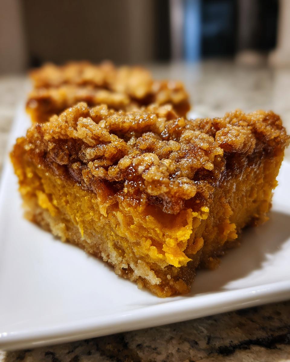 A close-up of a square serving of rich, orange pumpkin pecan cobbler with a thick, crunchy brown sugar crumble topping.
