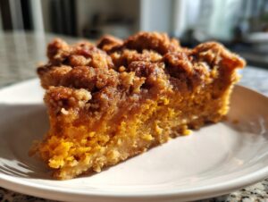 Close-up of a moist slice of pumpkin pecan cobbler showing the bright orange filling and crunchy cinnamon-sugar crumble topping.