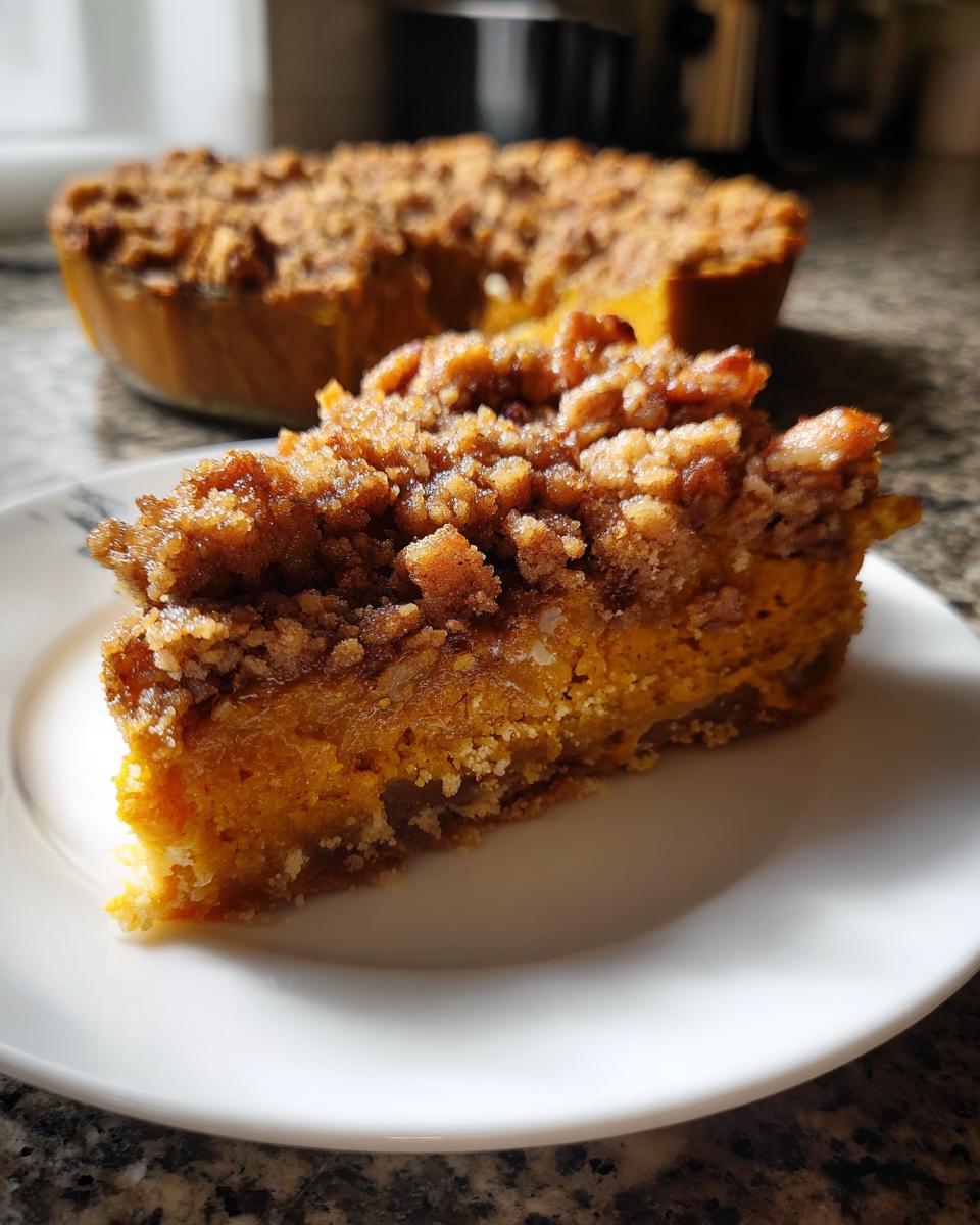 A close-up slice of rich pumpkin pecan cobbler with a thick, brown sugar crumble topping served on a white plate.