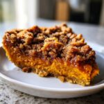 A close-up, mouthwatering slice of pumpkin pecan cobbler showing the rich orange filling and thick, brown, sugary crumble topping.