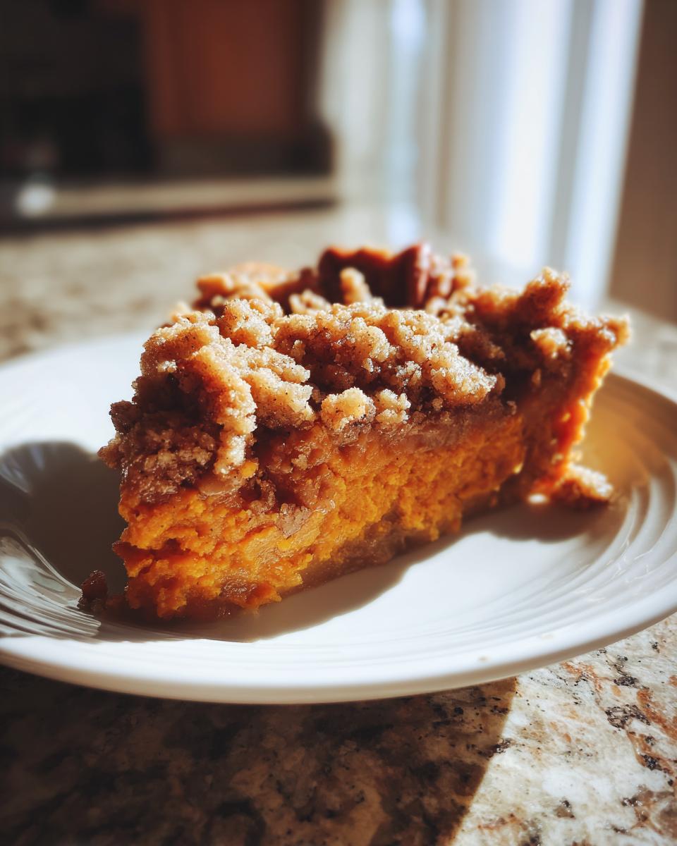 A close-up, sunlit slice of rich orange pumpkin pecan cobbler topped with a thick, crunchy streusel.