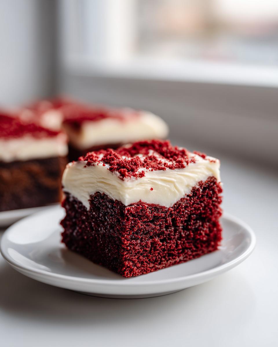A rich, square piece of red velvet brownies topped with cream cheese frosting and red crumbs.