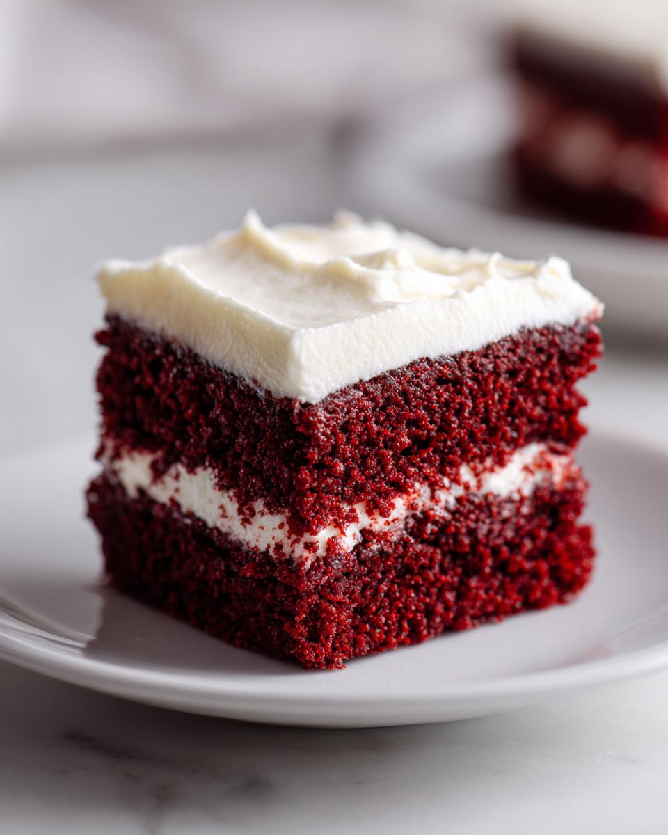 Close-up of a square slice of rich red velvet brownies layered with cream cheese frosting.