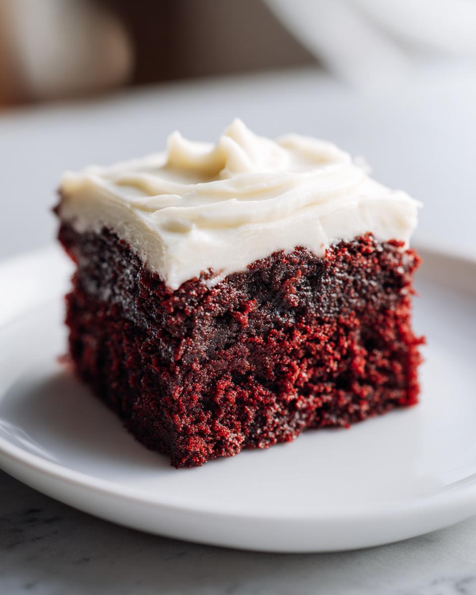 A square slice of rich, dark red velvet brownies topped with thick cream cheese frosting.