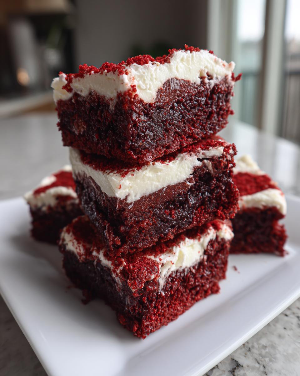 A stack of three rich, red velvet brownies topped with thick cream cheese frosting and red crumbs.