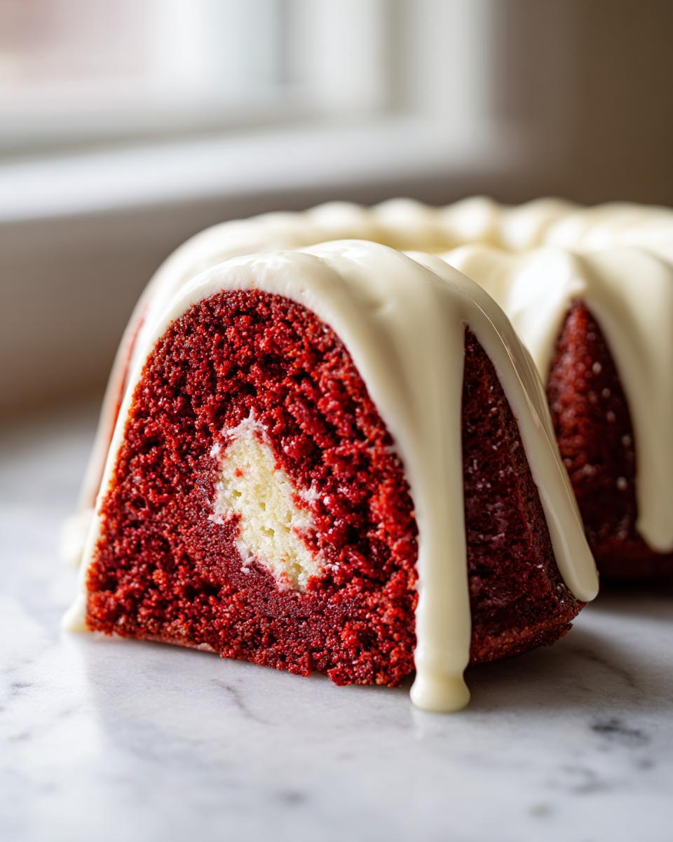 Close-up of a slice of moist red velvet bundt cake showing a cream cheese swirl, topped with white glaze.