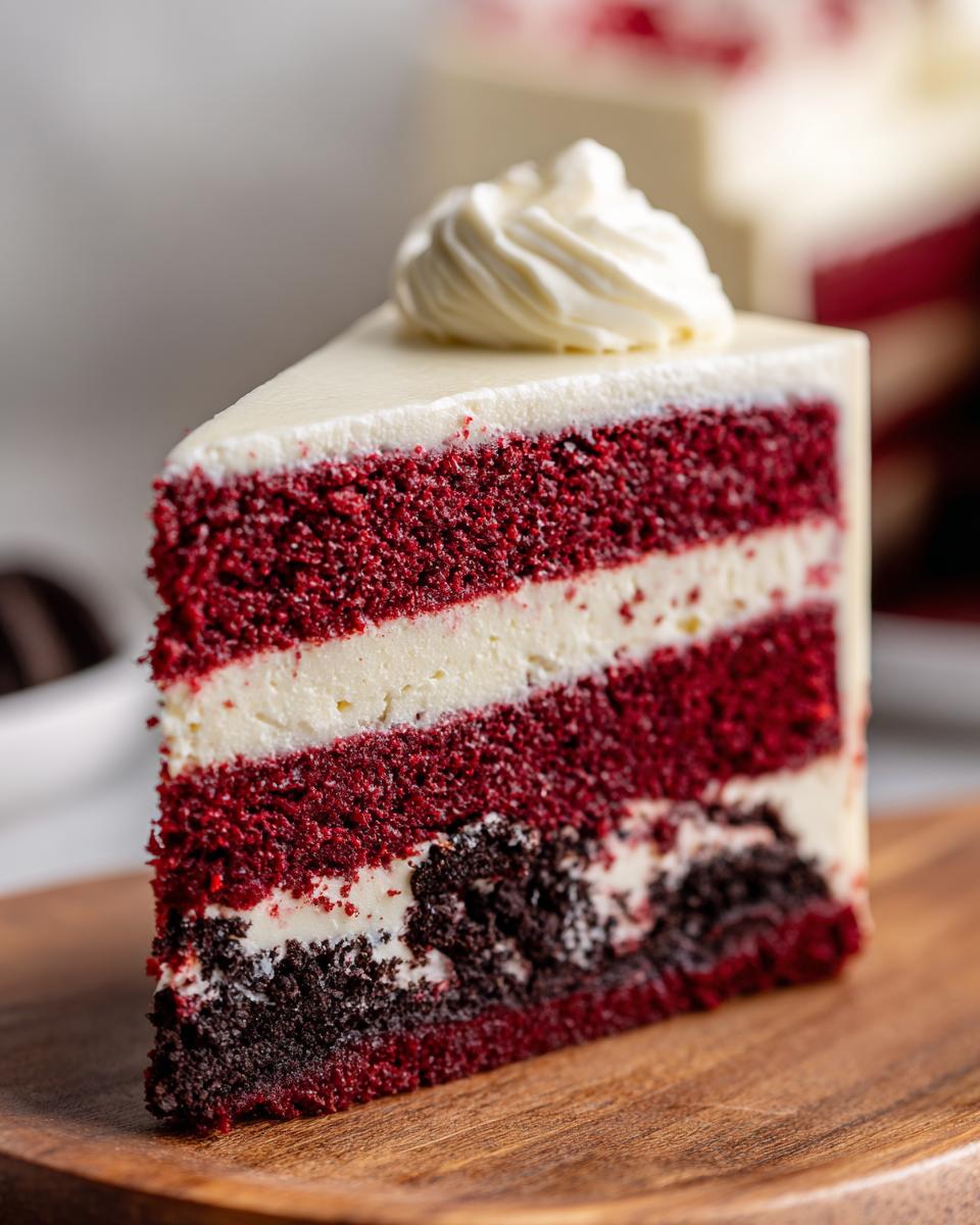 Close-up of a decadent slice of red velvet cheesecake showing multiple red velvet layers and white cream cheese filling.