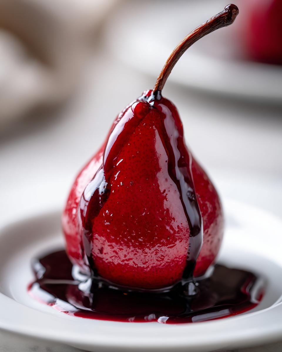 A single, vibrant red wine poached pear drizzled with dark syrup, served on a white plate.