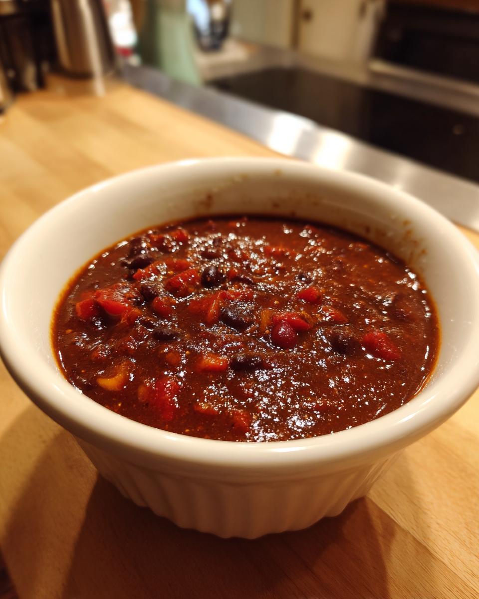 Close-up of thick, rich black bean soup with visible chunks of beans and tomatoes in a white bowl.