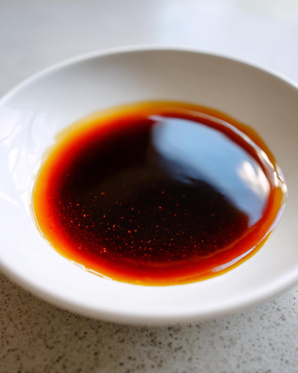 Close-up of rich, dark brown homemade teriyaki sauce glistening in a small white dipping bowl.