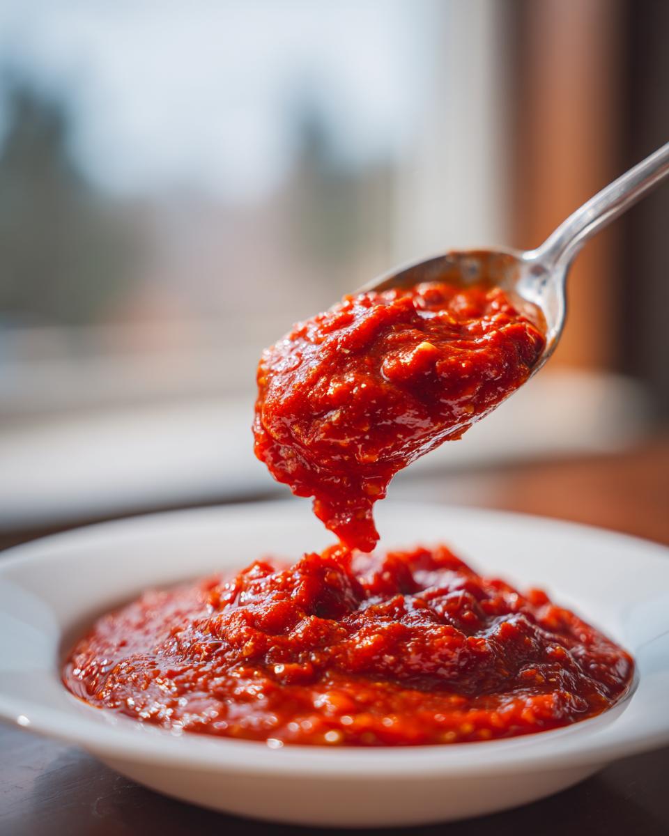 A spoonful of thick, vibrant red pizza sauce is lifted from a white bowl, showing its chunky texture.