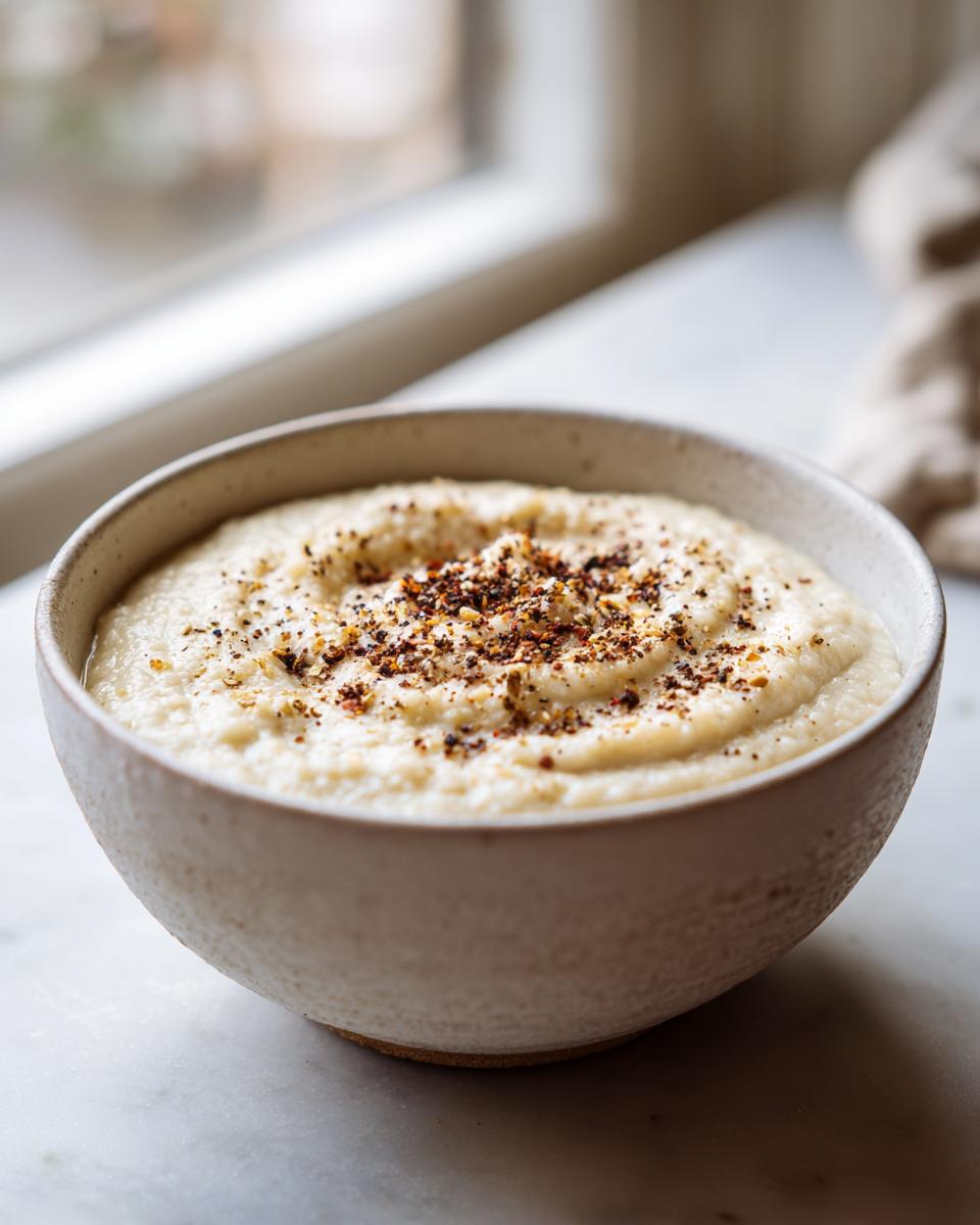 A close-up of creamy roasted cauliflower soup in a rustic bowl, garnished with chili flakes and pepper.
