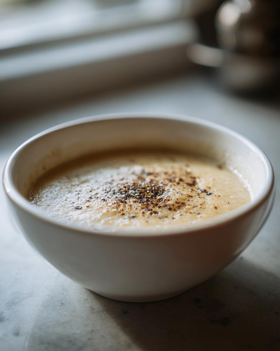 Close-up of a bowl of creamy roasted cauliflower soup garnished with freshly cracked black pepper.