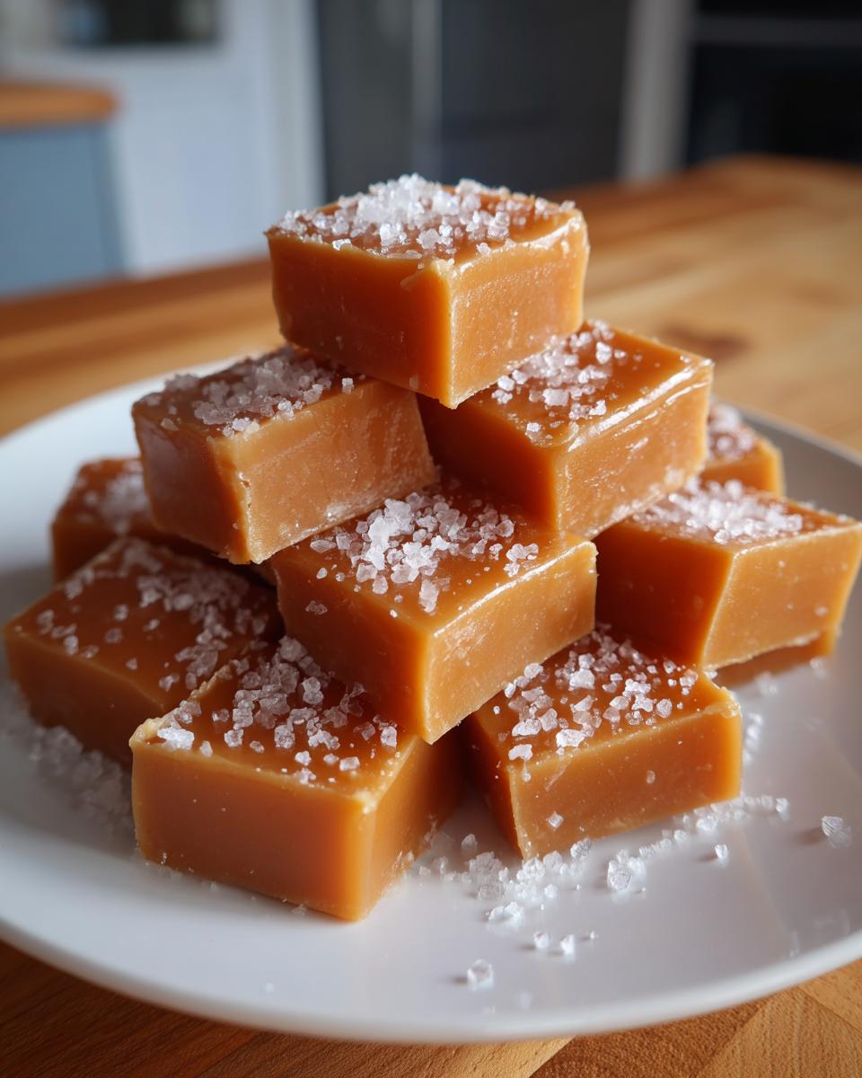 A stack of soft, square salted caramels sprinkled with flaky sea salt on a white plate.