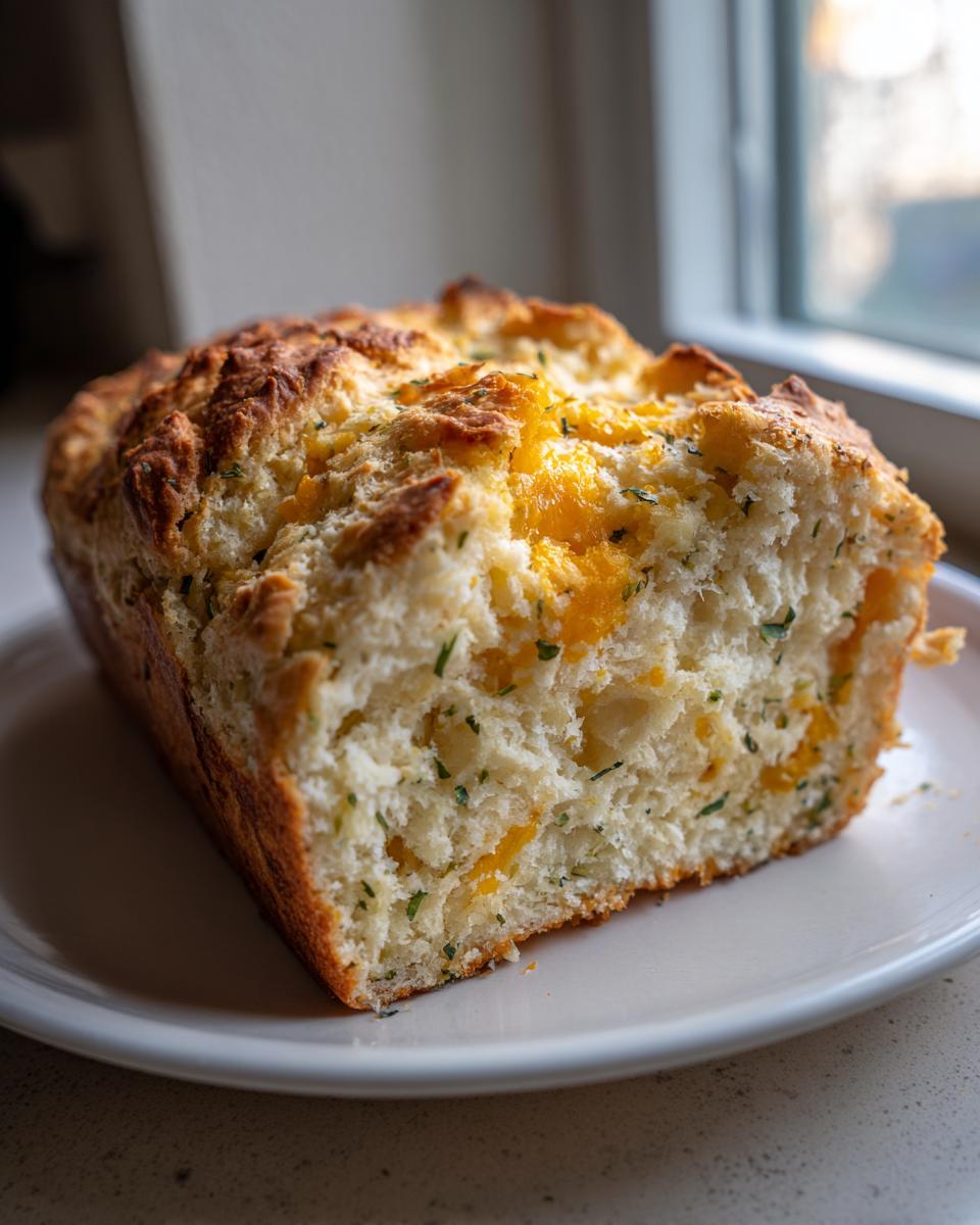 A close-up of a freshly baked savory soda bread loaf, studded with cheddar cheese and green herbs, resting on a white plate.