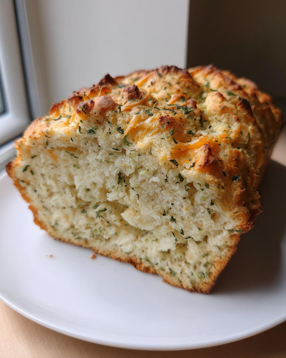 Close-up of a slice of savory soda bread, showing a fluffy interior studded with herbs and a golden, crusted top.