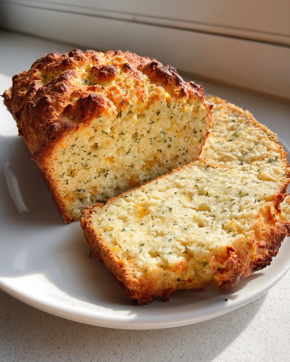 A golden-brown loaf of savory soda bread, sliced on a white plate, showing herbs and cheese inside.