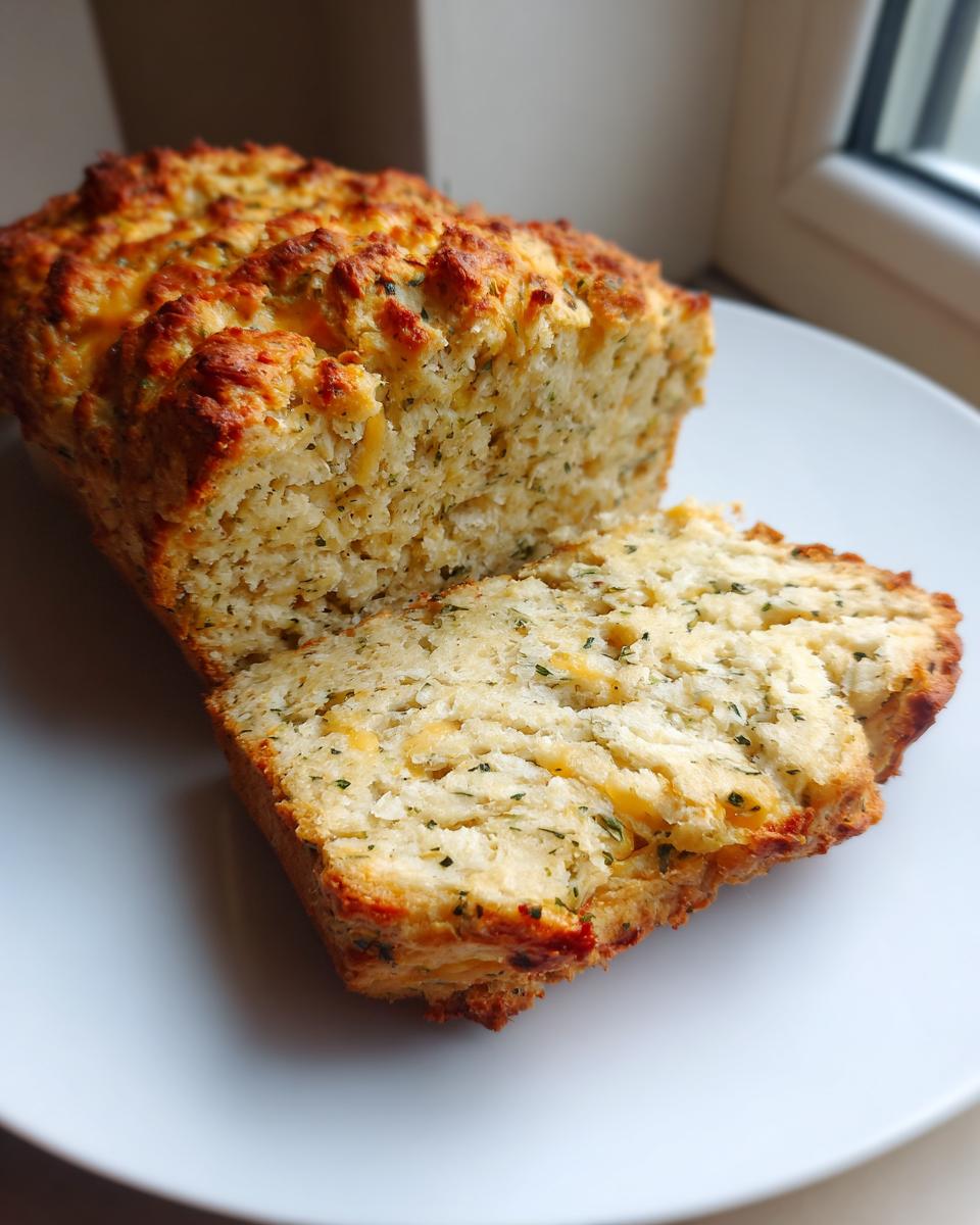 A freshly baked loaf of savory soda bread, sliced to show the cheesy, herby interior.