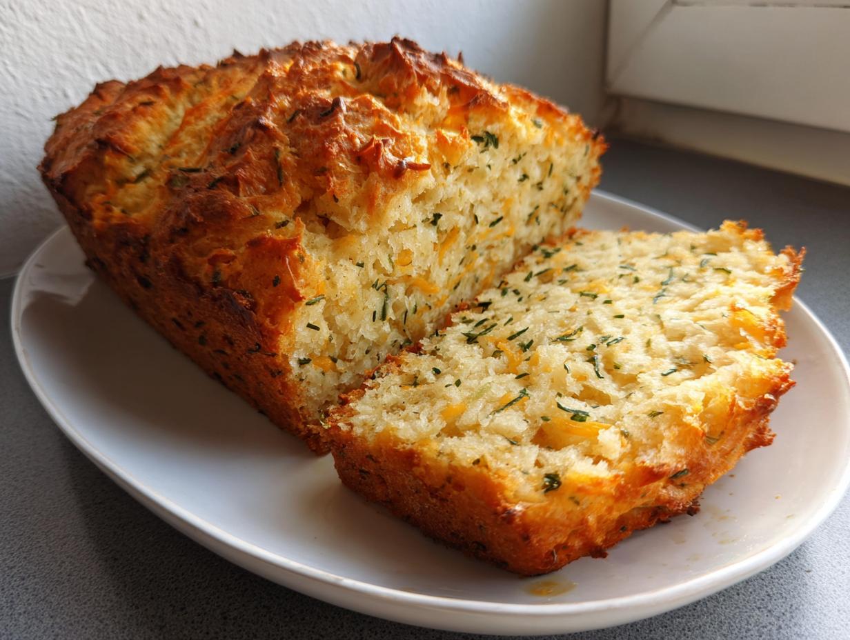 A loaf of freshly baked savory soda bread, sliced to show the cheesy, herby interior.