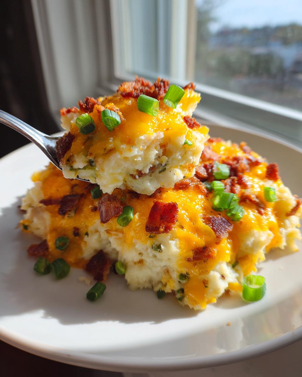 A spoonful of creamy baked potato casserole topped with melted cheddar cheese, bacon bits, and green onions.