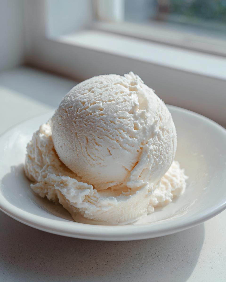 A perfect scoop of creamy white cottage cheese ice cream served in a small white bowl near a window.