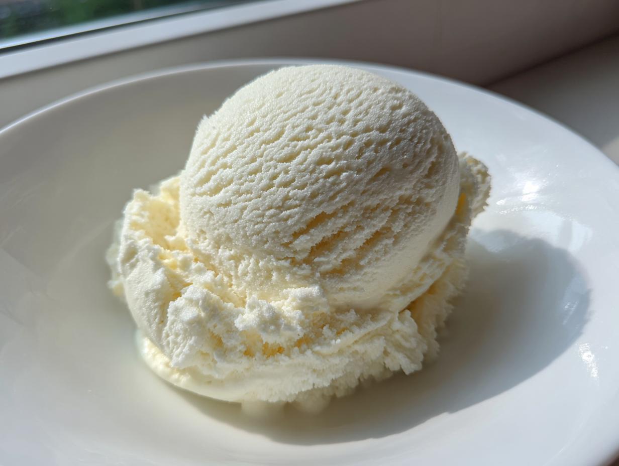 A perfect scoop of creamy, pale yellow cottage cheese ice cream served in a white bowl.