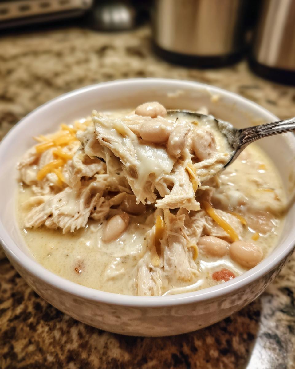 A spoonful of creamy white bean and shredded chicken chili, topped with melted cheese, representing cream cheese chicken chili.
