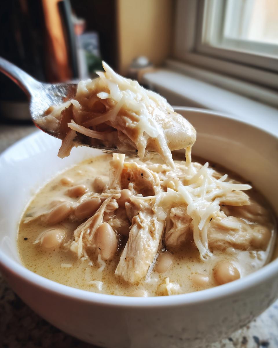 A spoonful of creamy white bean and shredded chicken from a bowl of cream cheese chicken chili, topped with shredded white cheese.