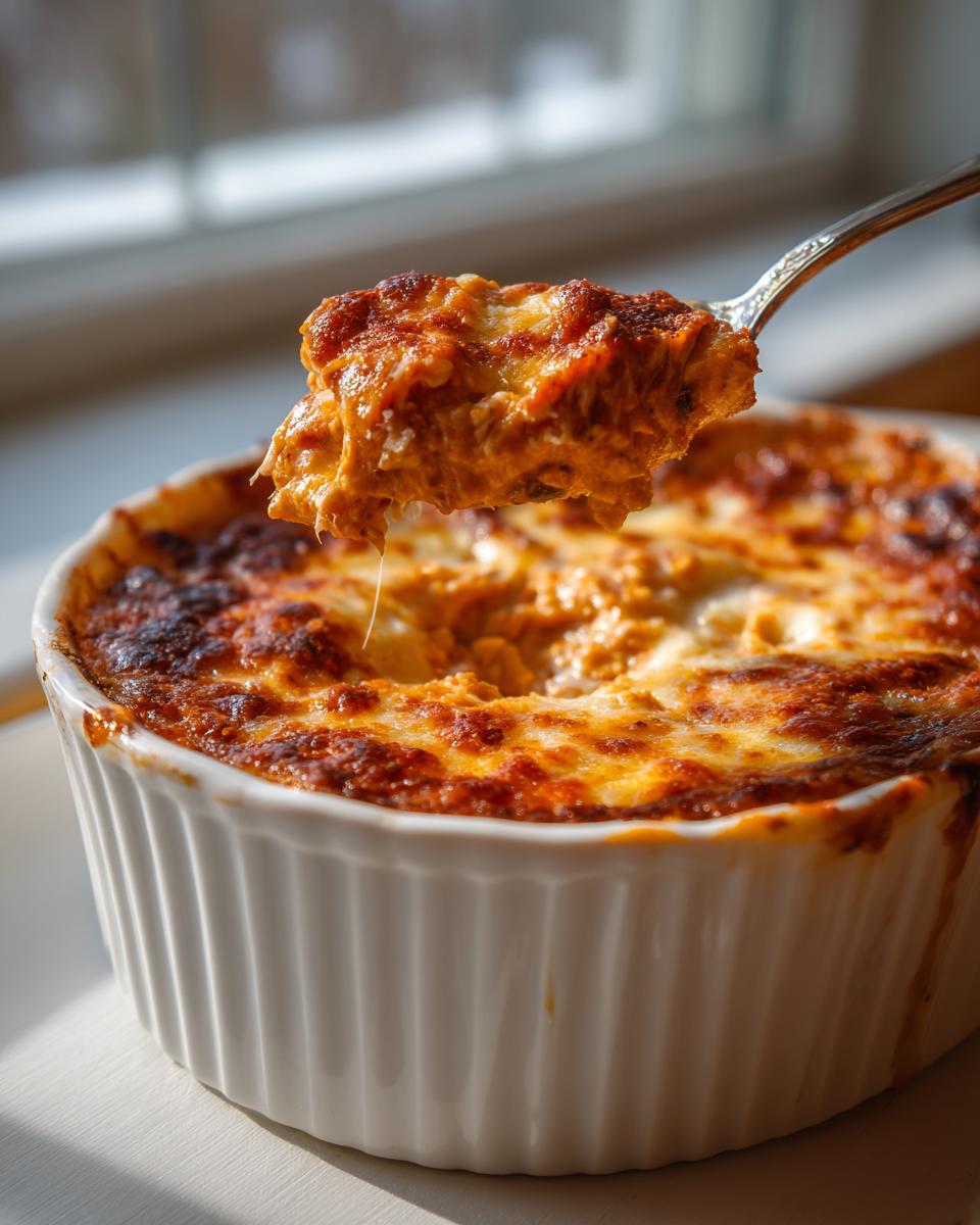 A spoonful of cheesy, baked chicken enchilada dip being lifted from a white ramekin.