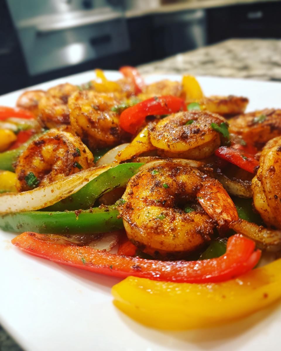 Close-up of perfectly seasoned shrimp fajitas mixed with colorful strips of red, yellow, and green bell peppers and onions.