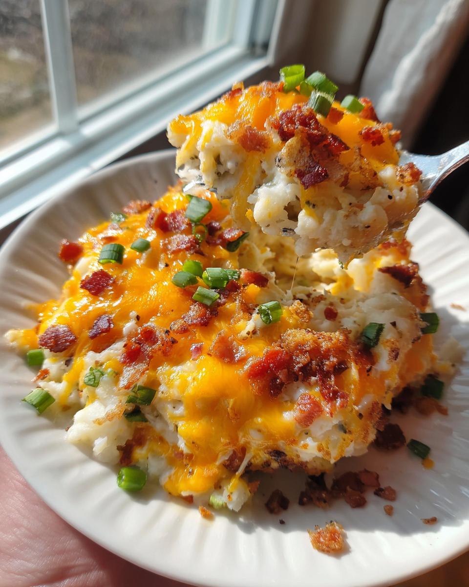A spoonful of creamy baked potato casserole topped with melted cheddar cheese, bacon bits, and green onions being lifted from a plate.