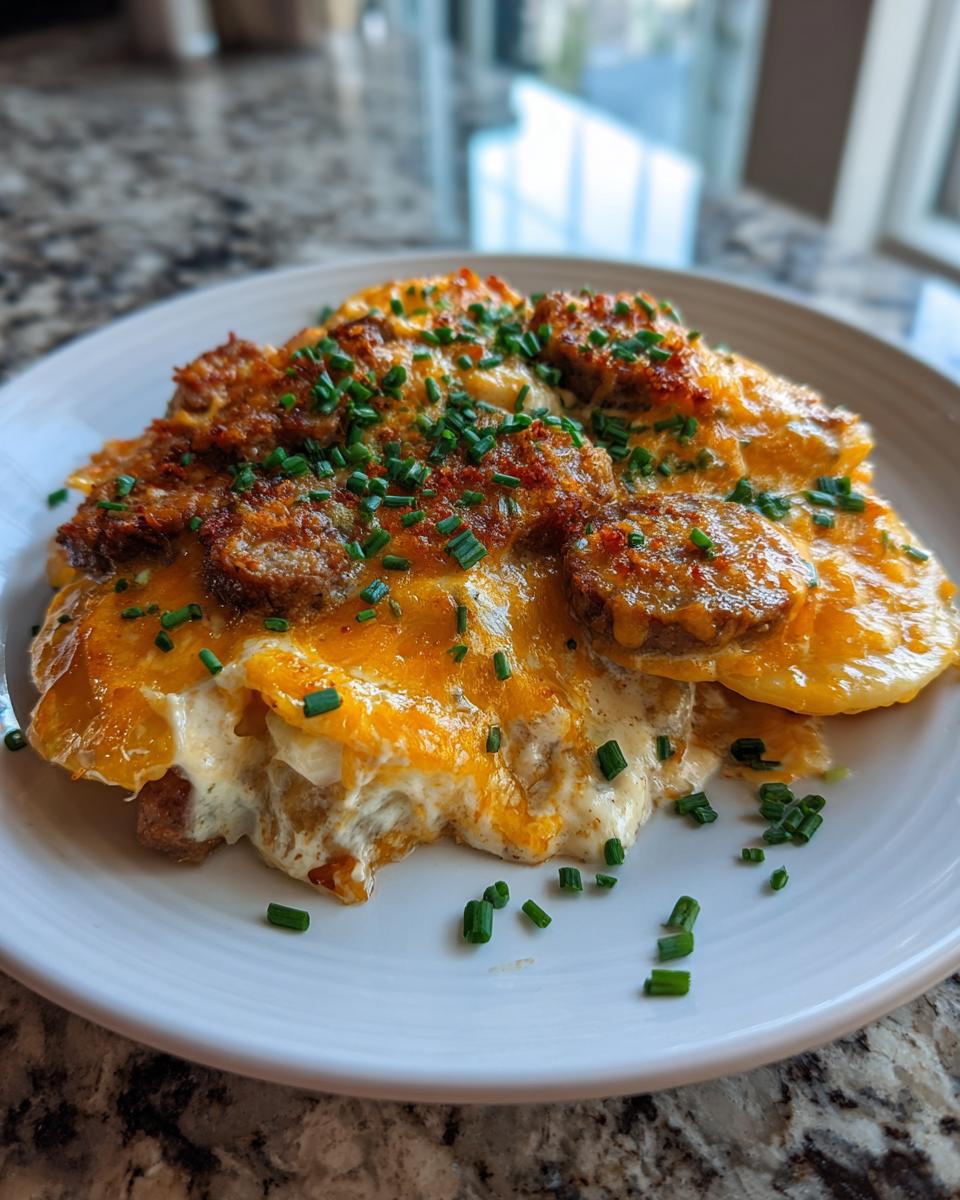 A serving of baked pierogi casserole topped with melted cheddar cheese, sausage slices, and fresh chives.