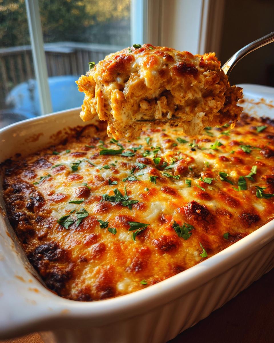 A spoonful of hot, cheesy chicken enchilada dip being lifted from a white baking dish.