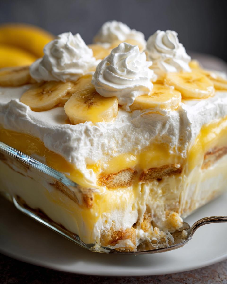 Close-up of a serving spoon scooping a layered portion of creamy banana pudding topped with whipped cream and fresh banana slices.