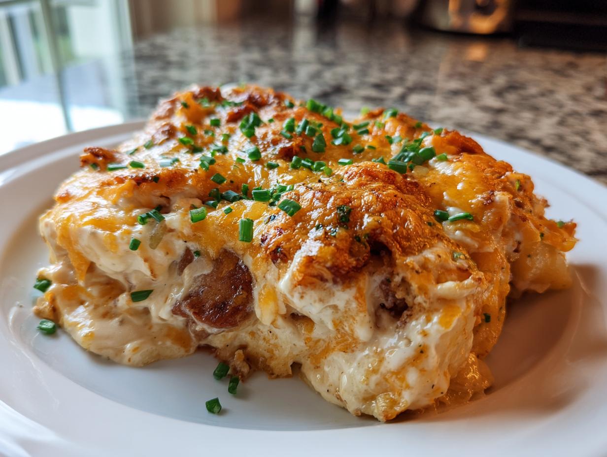 A hearty serving of pierogi casserole topped with melted, browned cheese and fresh chives.