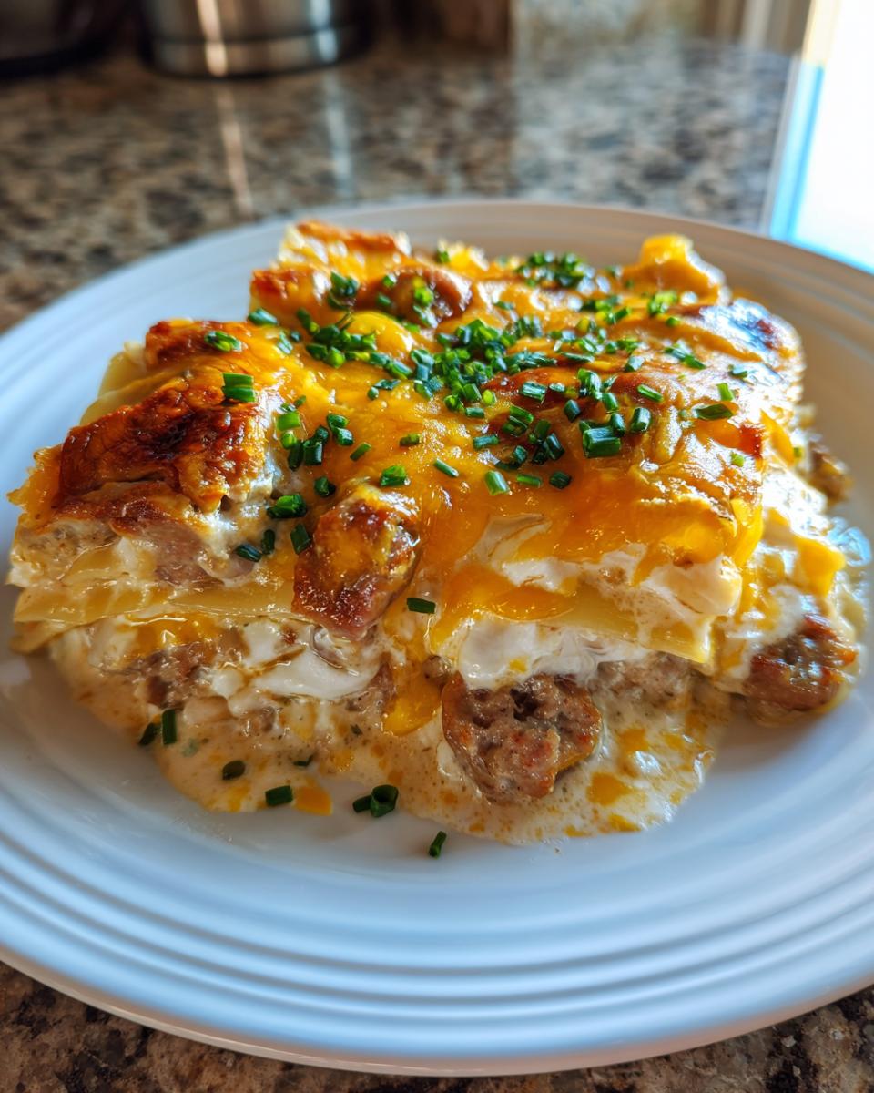 A generous serving of baked pierogi casserole topped with melted cheddar cheese and fresh chives.