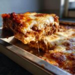 A spatula lifts a cheesy, meaty slice of sheet pan lasagna, showing melted cheese strings.
